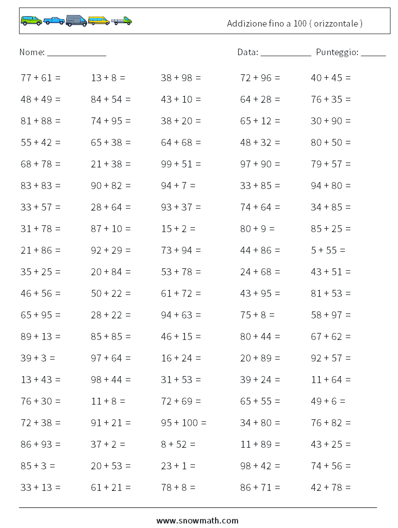 (100) Addizione fino a 100 ( orizzontale ) Fogli di lavoro di matematica 1