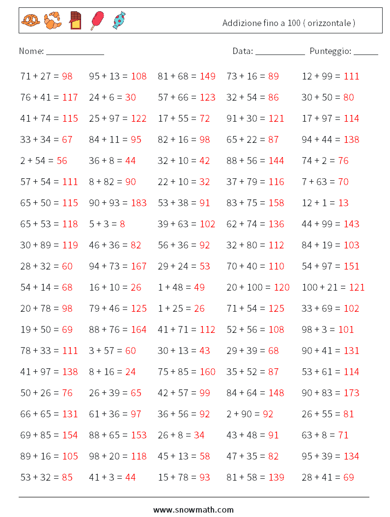 (100) Addizione fino a 100 ( orizzontale ) Fogli di lavoro di matematica 4 Domanda, Risposta
