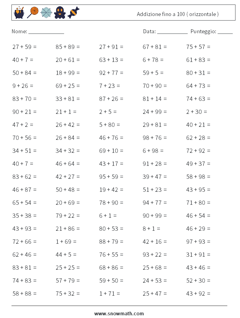 (100) Addizione fino a 100 ( orizzontale ) Fogli di lavoro di matematica 5