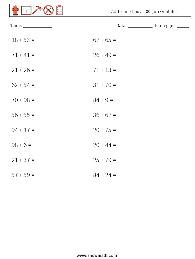 (20) Addizione fino a 100 ( orizzontale ) Fogli di lavoro di matematica 2