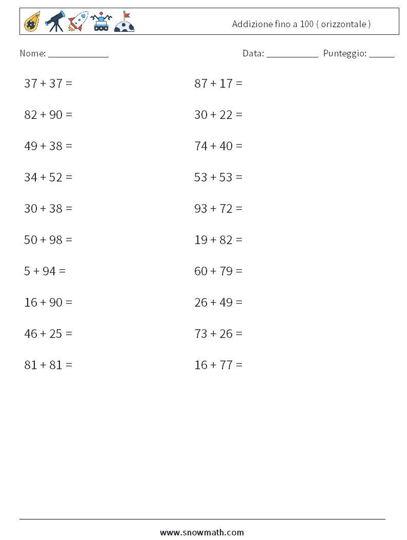 (20) Addizione fino a 100 ( orizzontale ) Fogli di lavoro di matematica 3