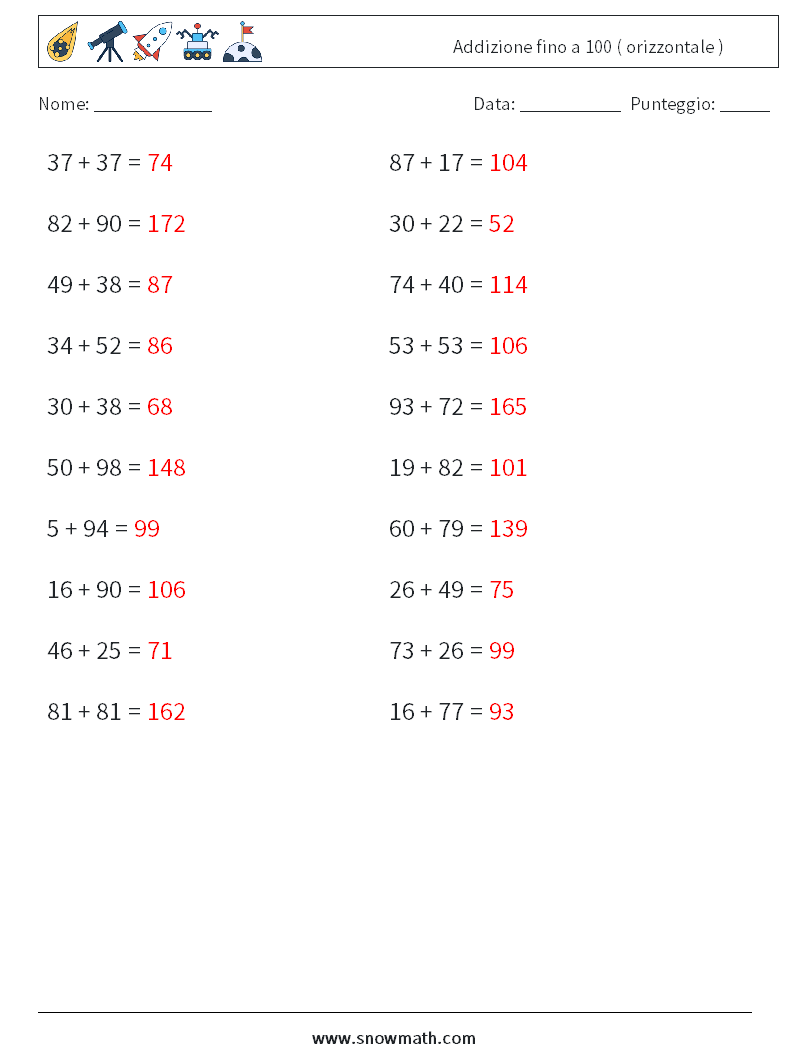 (20) Addizione fino a 100 ( orizzontale ) Fogli di lavoro di matematica 3 Domanda, Risposta
