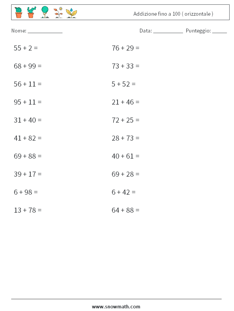 (20) Addizione fino a 100 ( orizzontale ) Fogli di lavoro di matematica 4