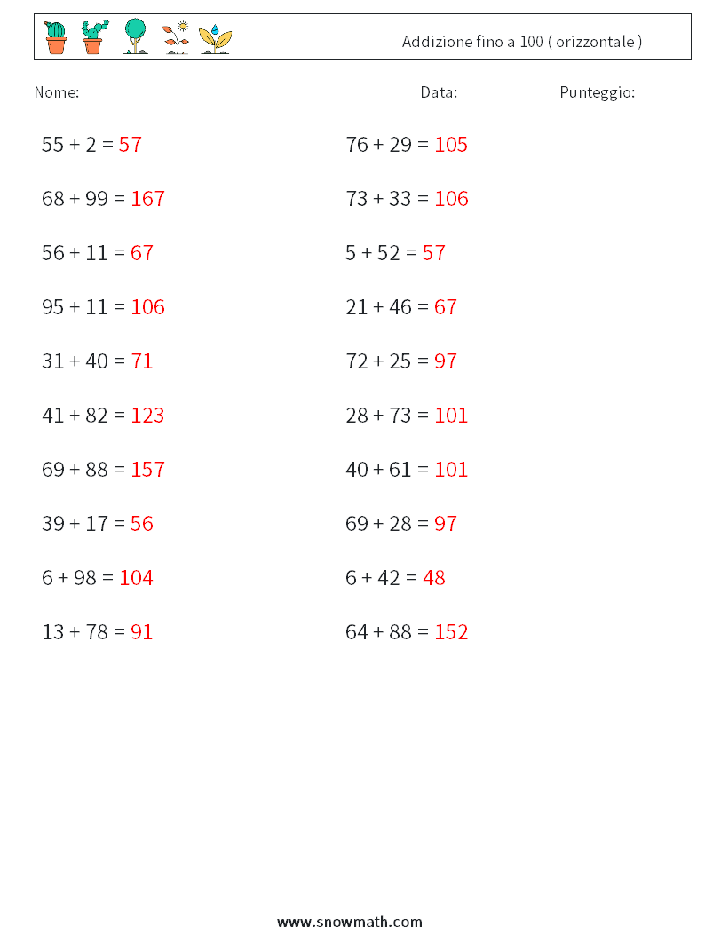 (20) Addizione fino a 100 ( orizzontale ) Fogli di lavoro di matematica 4 Domanda, Risposta