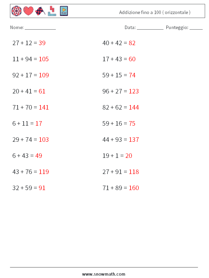 (20) Addizione fino a 100 ( orizzontale ) Fogli di lavoro di matematica 6 Domanda, Risposta