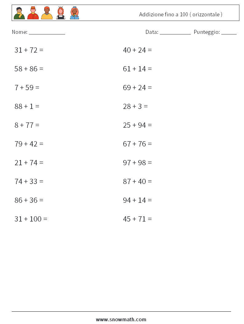 (20) Addizione fino a 100 ( orizzontale ) Fogli di lavoro di matematica 8