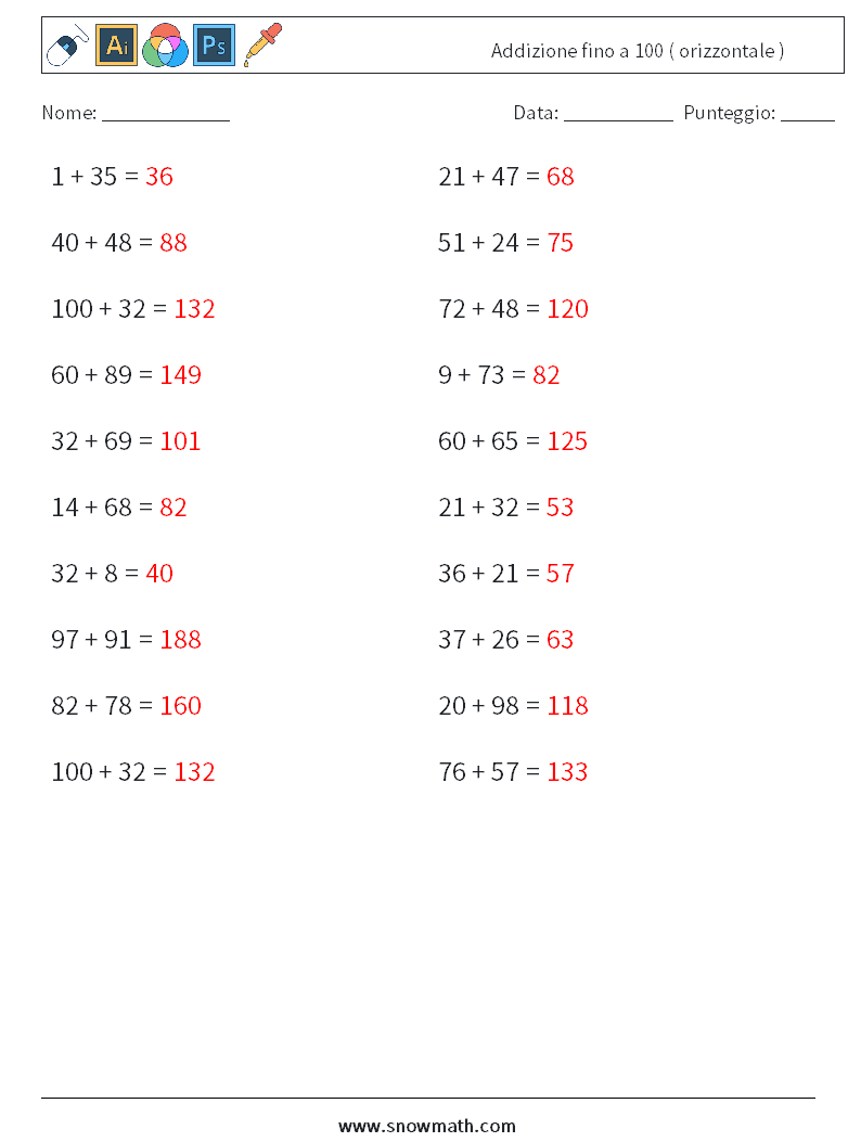 (20) Addizione fino a 100 ( orizzontale ) Fogli di lavoro di matematica 9 Domanda, Risposta
