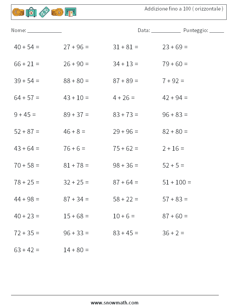 (50) Addizione fino a 100 ( orizzontale ) Fogli di lavoro di matematica 1