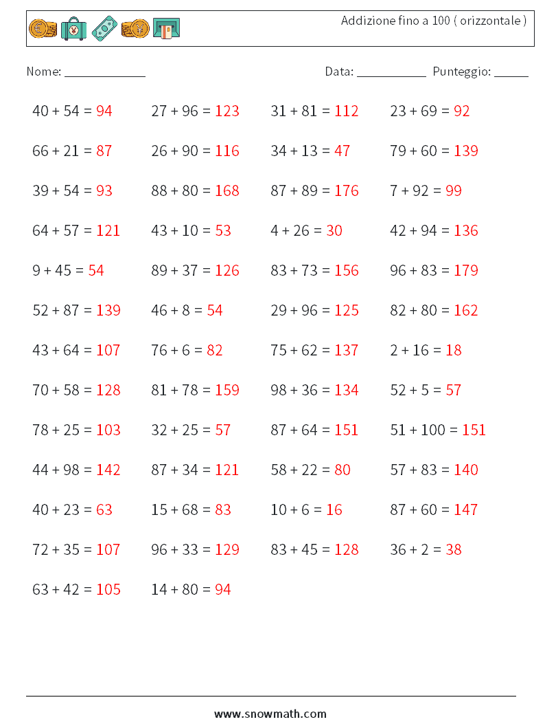 (50) Addizione fino a 100 ( orizzontale ) Fogli di lavoro di matematica 1 Domanda, Risposta