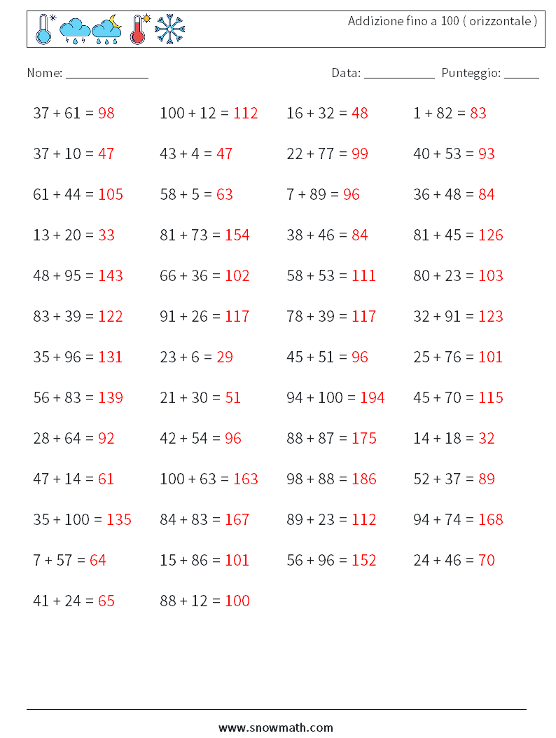 (50) Addizione fino a 100 ( orizzontale ) Fogli di lavoro di matematica 2 Domanda, Risposta