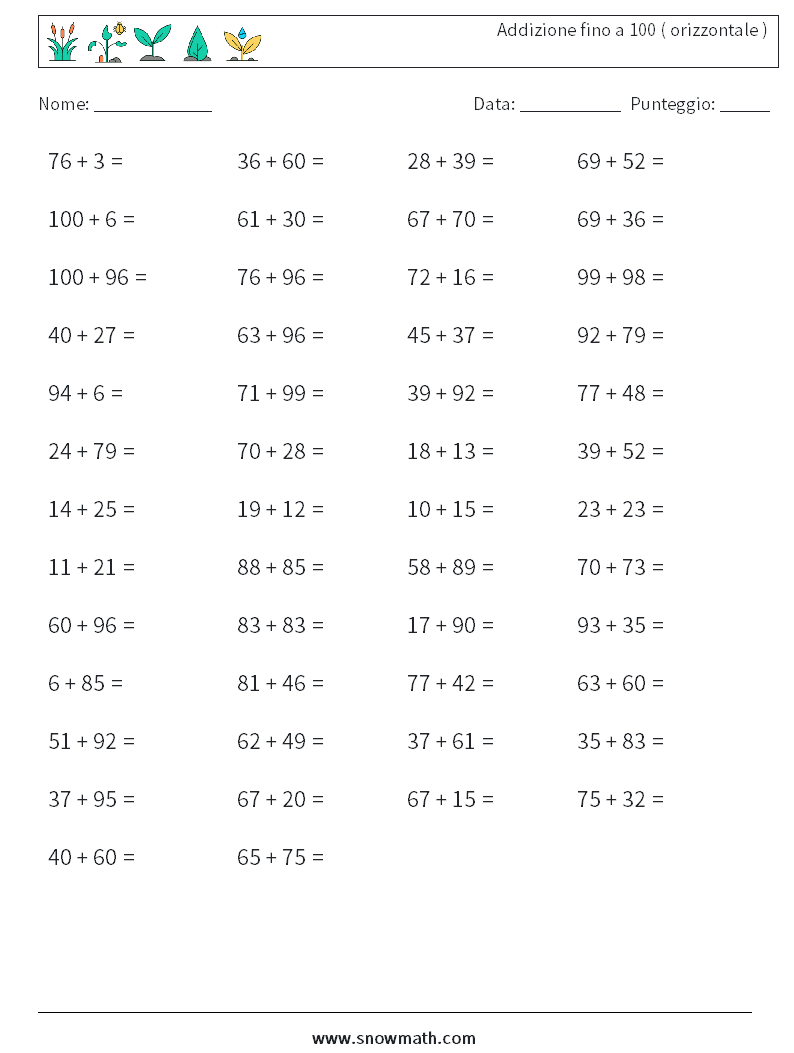 (50) Addizione fino a 100 ( orizzontale ) Fogli di lavoro di matematica 3