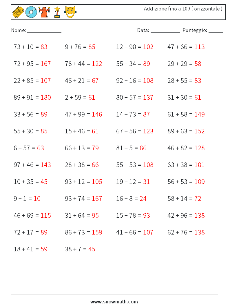 (50) Addizione fino a 100 ( orizzontale ) Fogli di lavoro di matematica 4 Domanda, Risposta