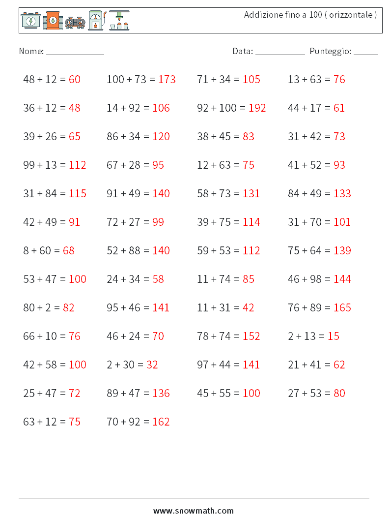 (50) Addizione fino a 100 ( orizzontale ) Fogli di lavoro di matematica 5 Domanda, Risposta
