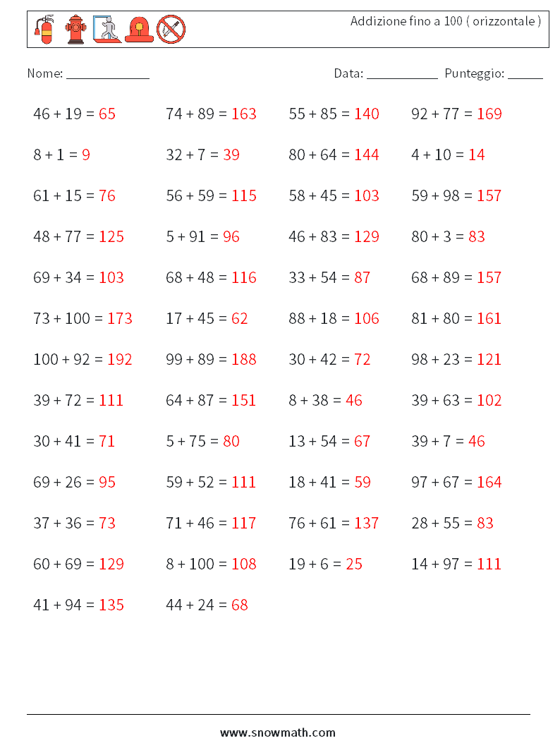 (50) Addizione fino a 100 ( orizzontale ) Fogli di lavoro di matematica 6 Domanda, Risposta