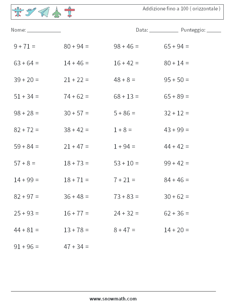(50) Addizione fino a 100 ( orizzontale ) Fogli di lavoro di matematica 7