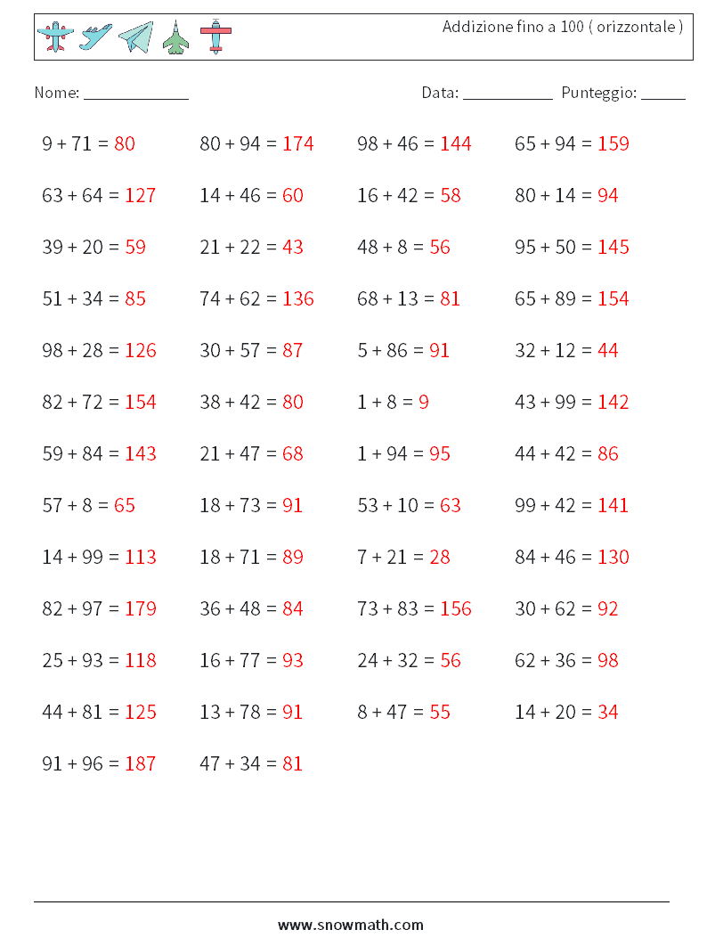 (50) Addizione fino a 100 ( orizzontale ) Fogli di lavoro di matematica 7 Domanda, Risposta
