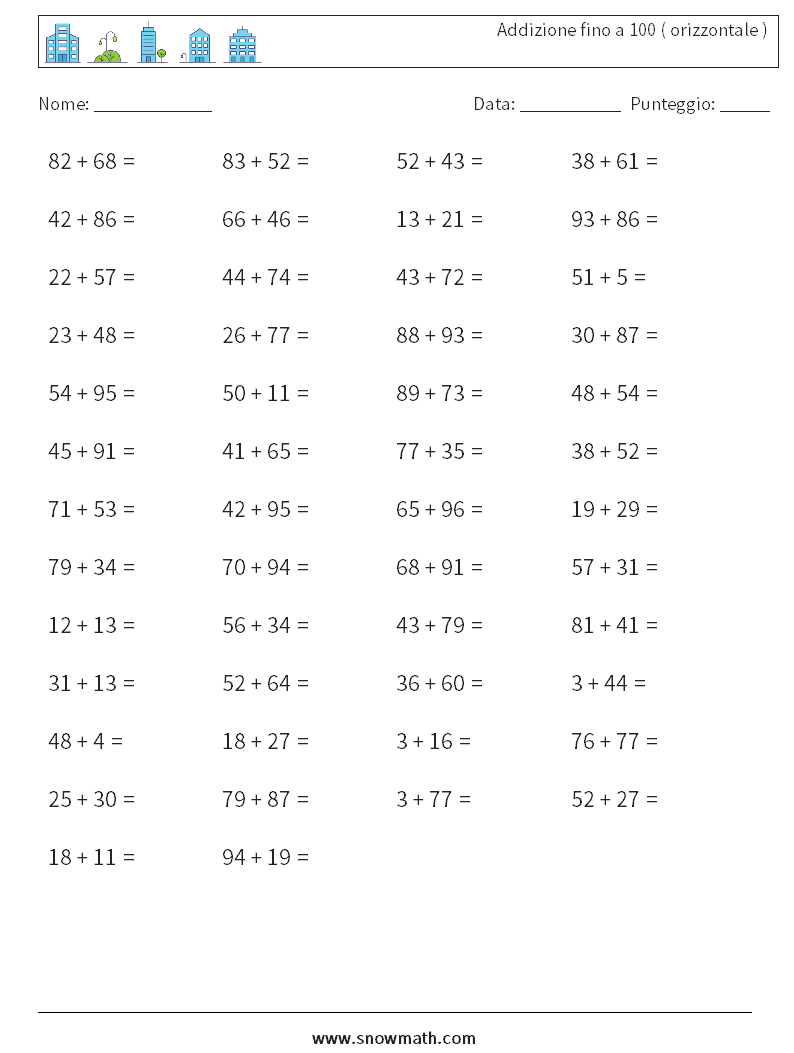 (50) Addizione fino a 100 ( orizzontale ) Fogli di lavoro di matematica 8