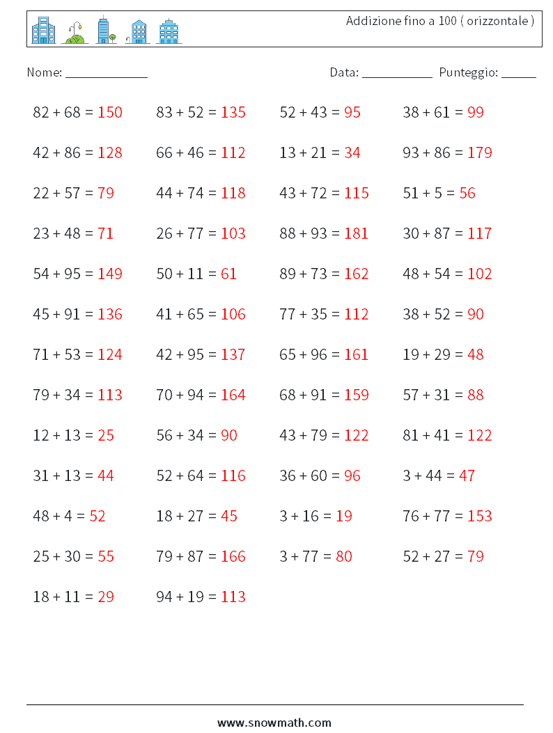 (50) Addizione fino a 100 ( orizzontale ) Fogli di lavoro di matematica 8 Domanda, Risposta