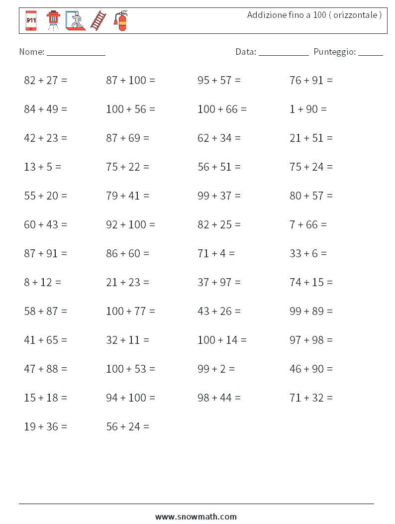 (50) Addizione fino a 100 ( orizzontale ) Fogli di lavoro di matematica 9