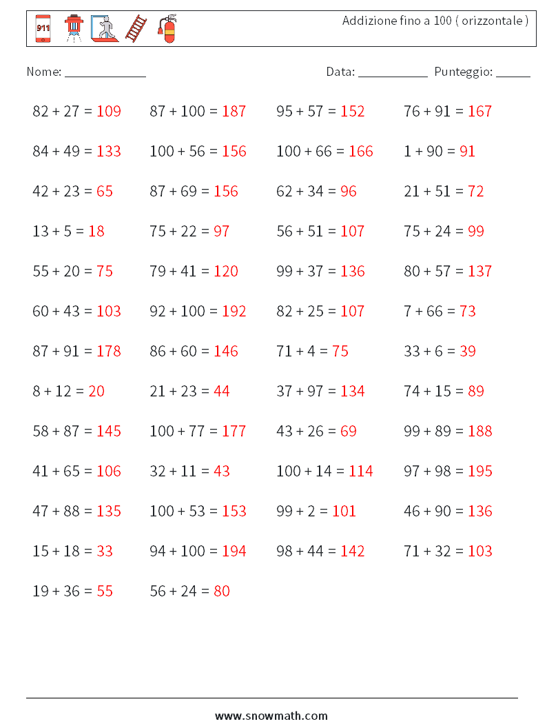 (50) Addizione fino a 100 ( orizzontale ) Fogli di lavoro di matematica 9 Domanda, Risposta
