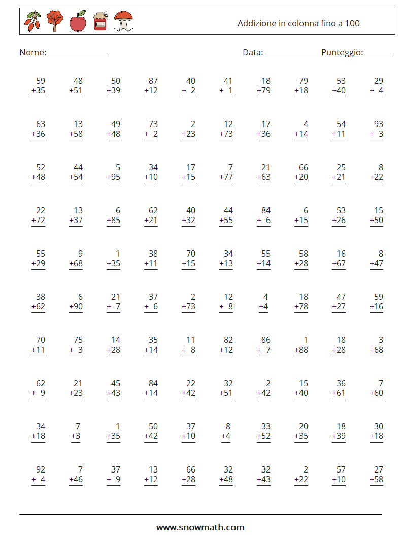 (100) Addizione in colonna fino a 100 Fogli di lavoro di matematica 1