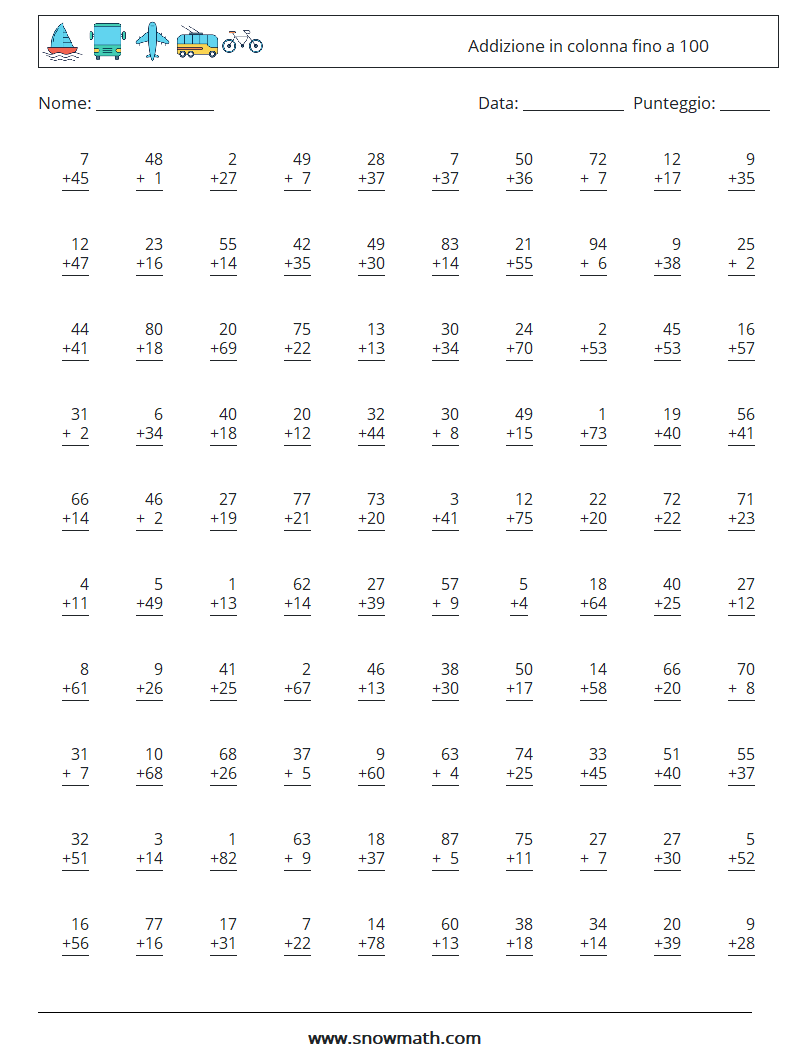 (100) Addizione in colonna fino a 100 Fogli di lavoro di matematica 10