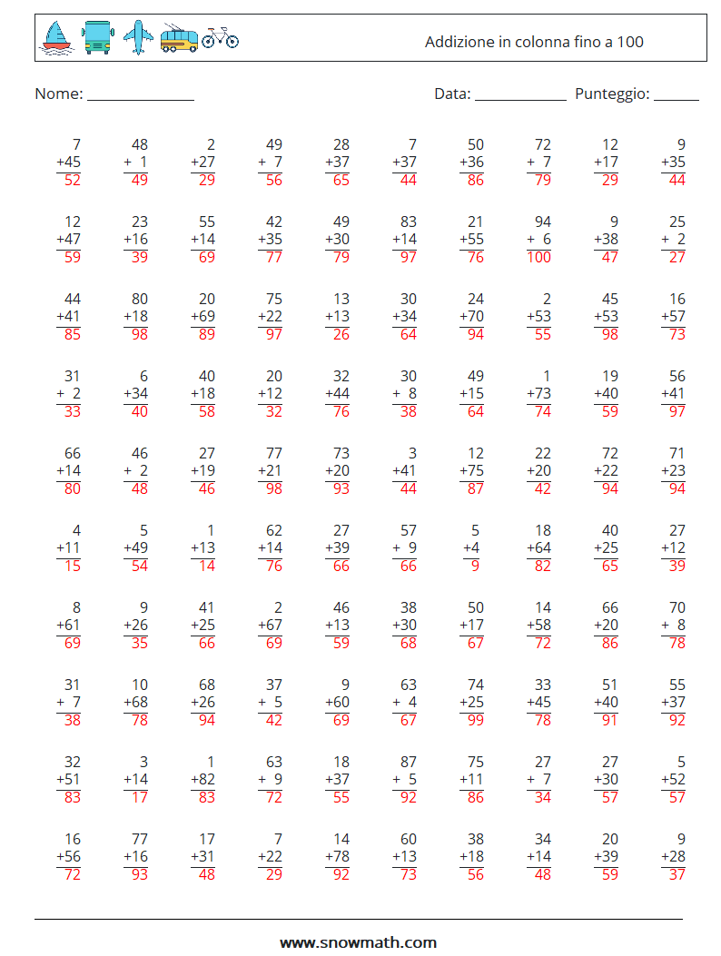 (100) Addizione in colonna fino a 100 Fogli di lavoro di matematica 10 Domanda, Risposta