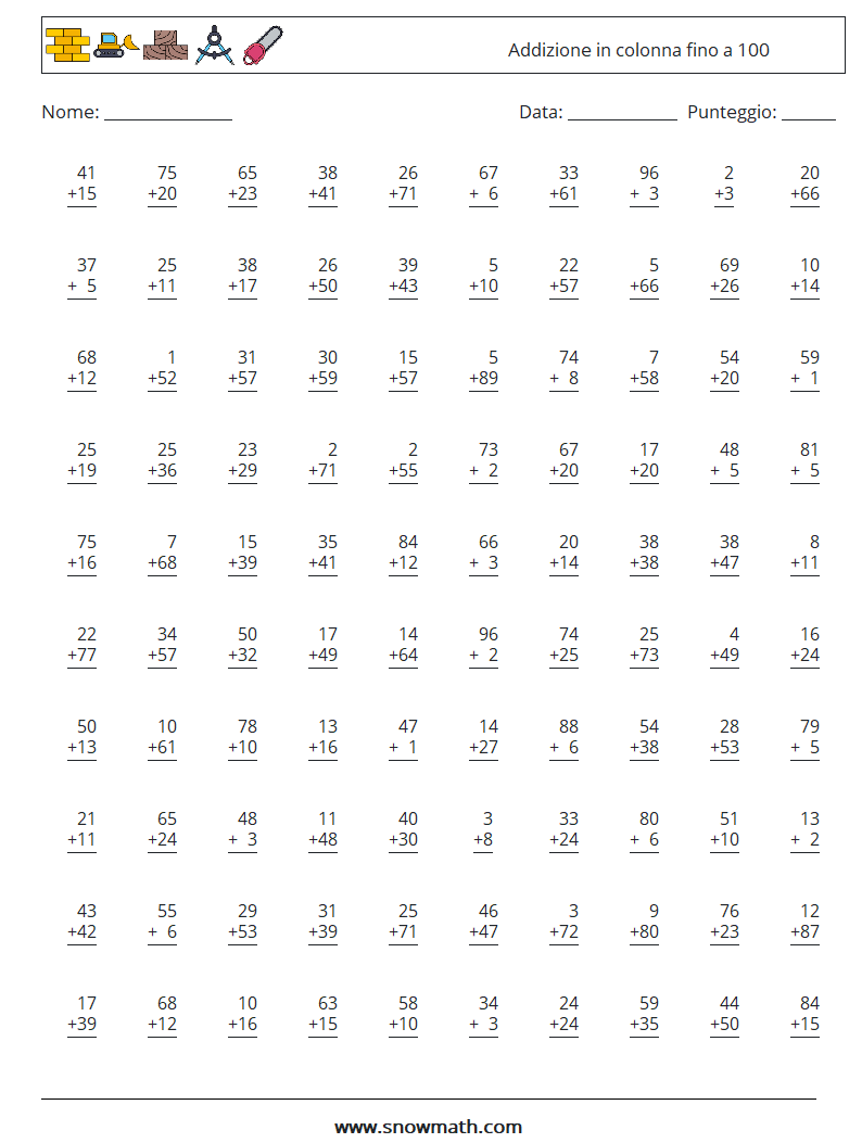 (100) Addizione in colonna fino a 100 Fogli di lavoro di matematica 11
