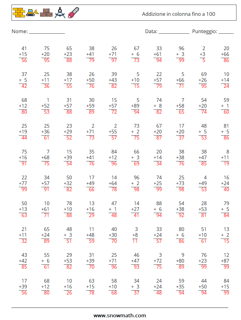 (100) Addizione in colonna fino a 100 Fogli di lavoro di matematica 11 Domanda, Risposta
