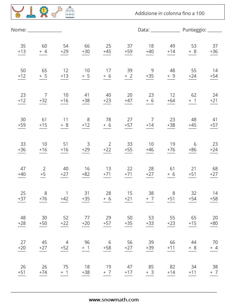(100) Addizione in colonna fino a 100 Fogli di lavoro di matematica 12