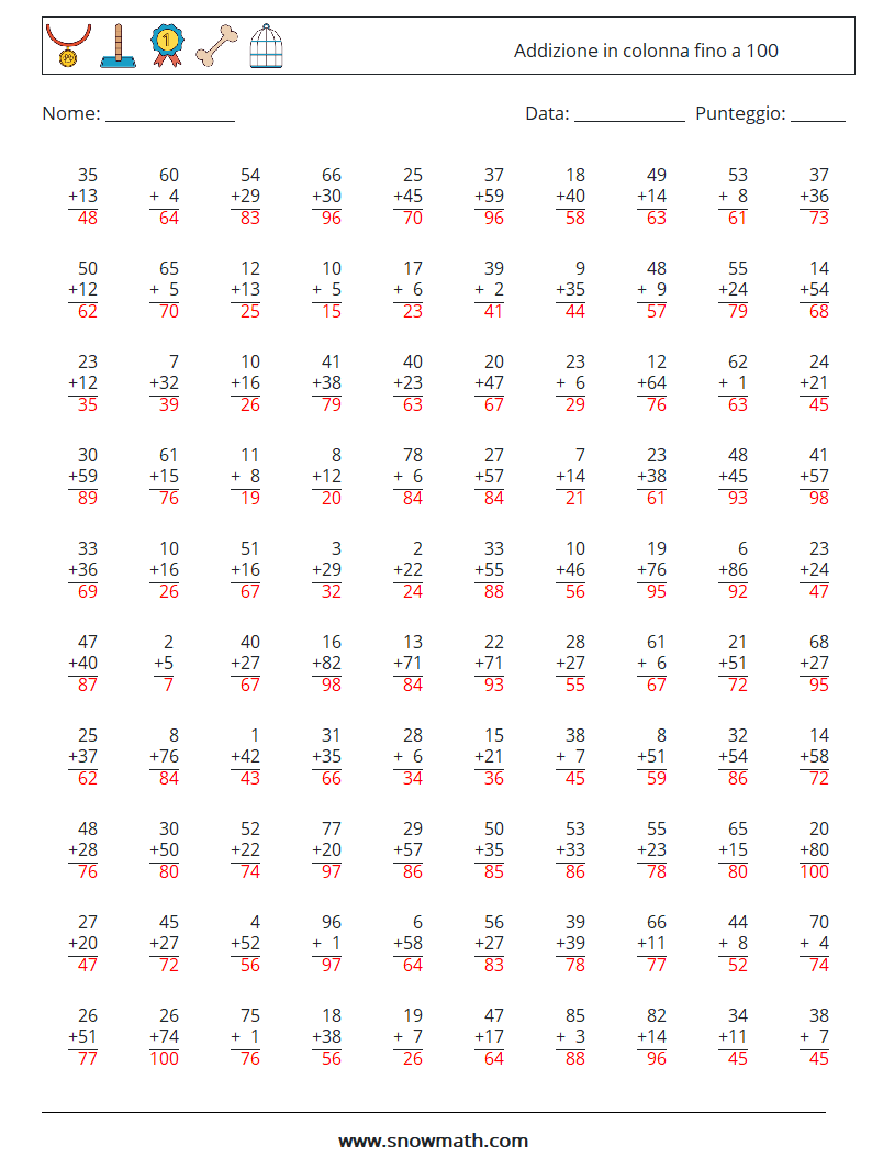 (100) Addizione in colonna fino a 100 Fogli di lavoro di matematica 12 Domanda, Risposta