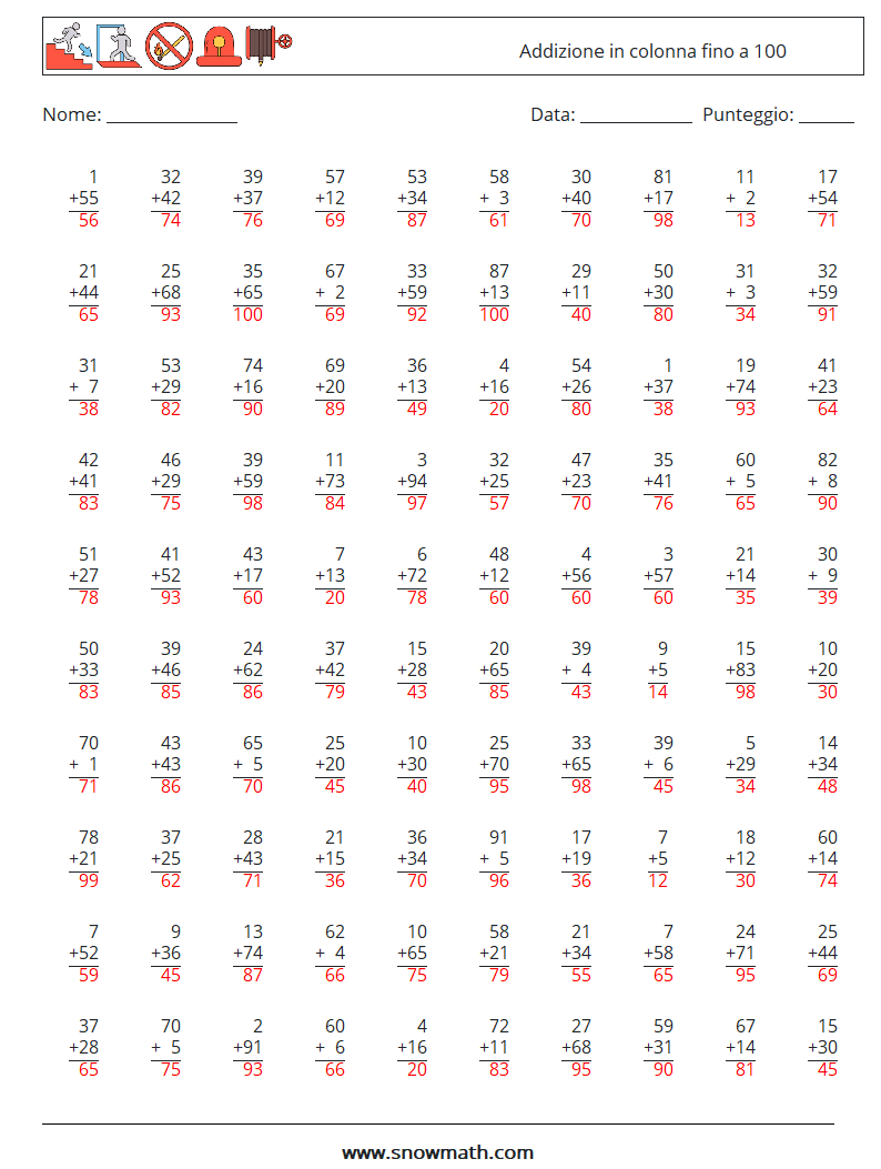 (100) Addizione in colonna fino a 100 Fogli di lavoro di matematica 13 Domanda, Risposta