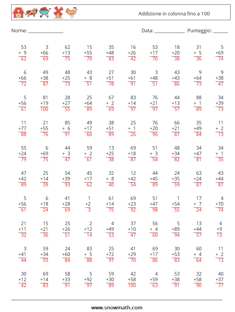(100) Addizione in colonna fino a 100 Fogli di lavoro di matematica 14 Domanda, Risposta