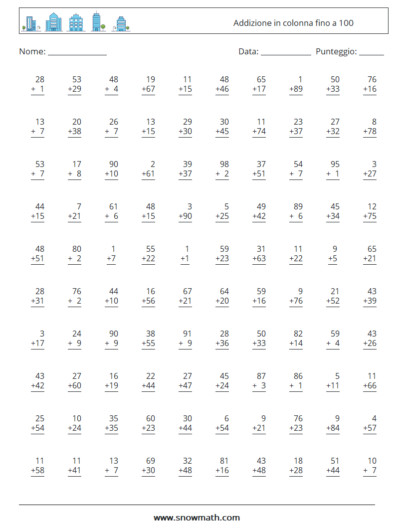 (100) Addizione in colonna fino a 100 Fogli di lavoro di matematica 15