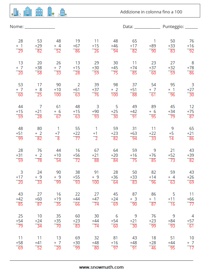 (100) Addizione in colonna fino a 100 Fogli di lavoro di matematica 15 Domanda, Risposta