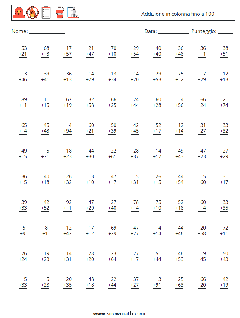 (100) Addizione in colonna fino a 100 Fogli di lavoro di matematica 16