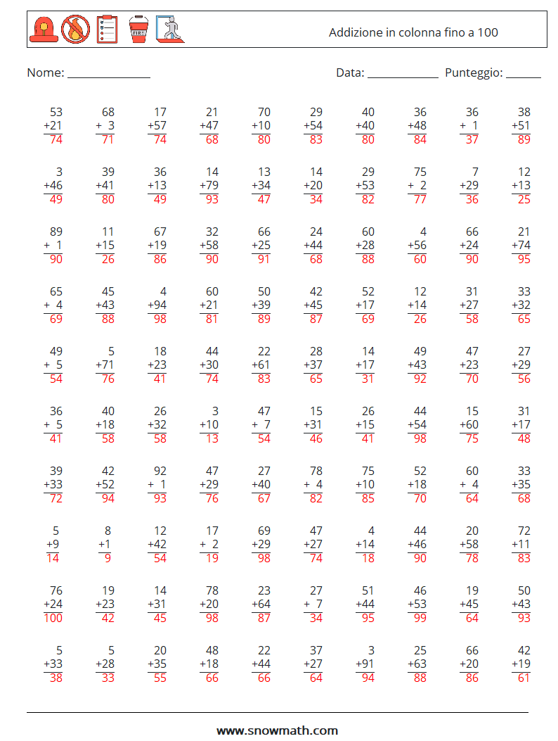 (100) Addizione in colonna fino a 100 Fogli di lavoro di matematica 16 Domanda, Risposta