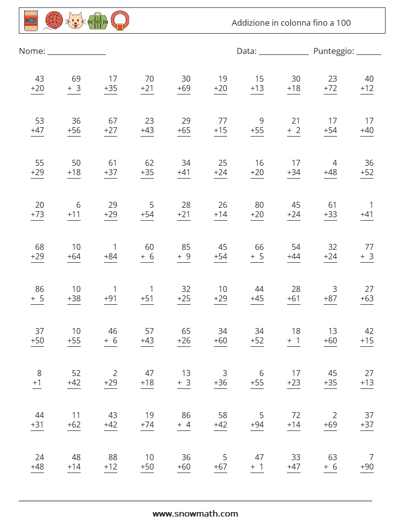 (100) Addizione in colonna fino a 100 Fogli di lavoro di matematica 17