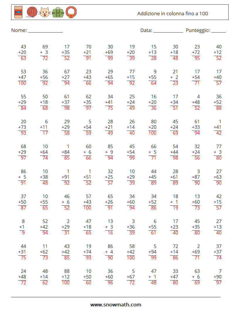 (100) Addizione in colonna fino a 100 Fogli di lavoro di matematica 17 Domanda, Risposta