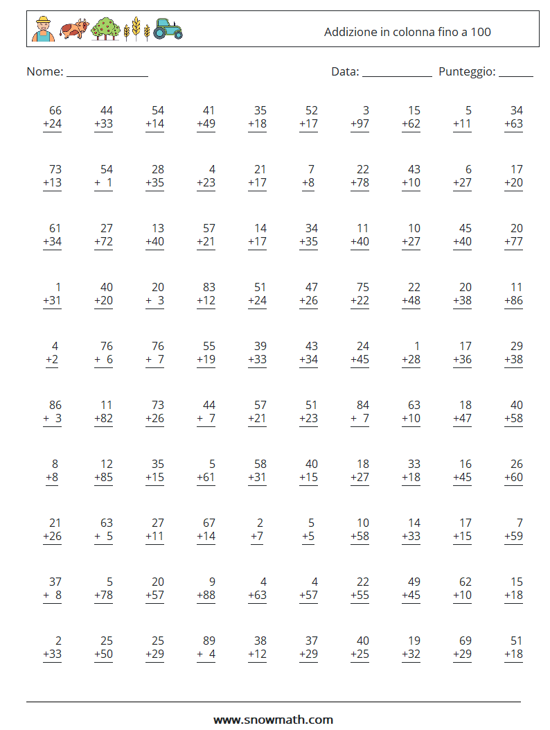(100) Addizione in colonna fino a 100 Fogli di lavoro di matematica 18