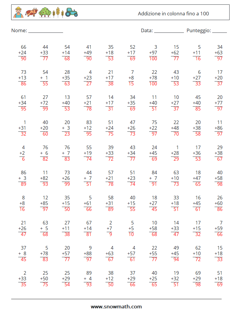(100) Addizione in colonna fino a 100 Fogli di lavoro di matematica 18 Domanda, Risposta