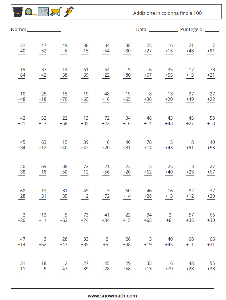 (100) Addizione in colonna fino a 100 Fogli di lavoro di matematica 2