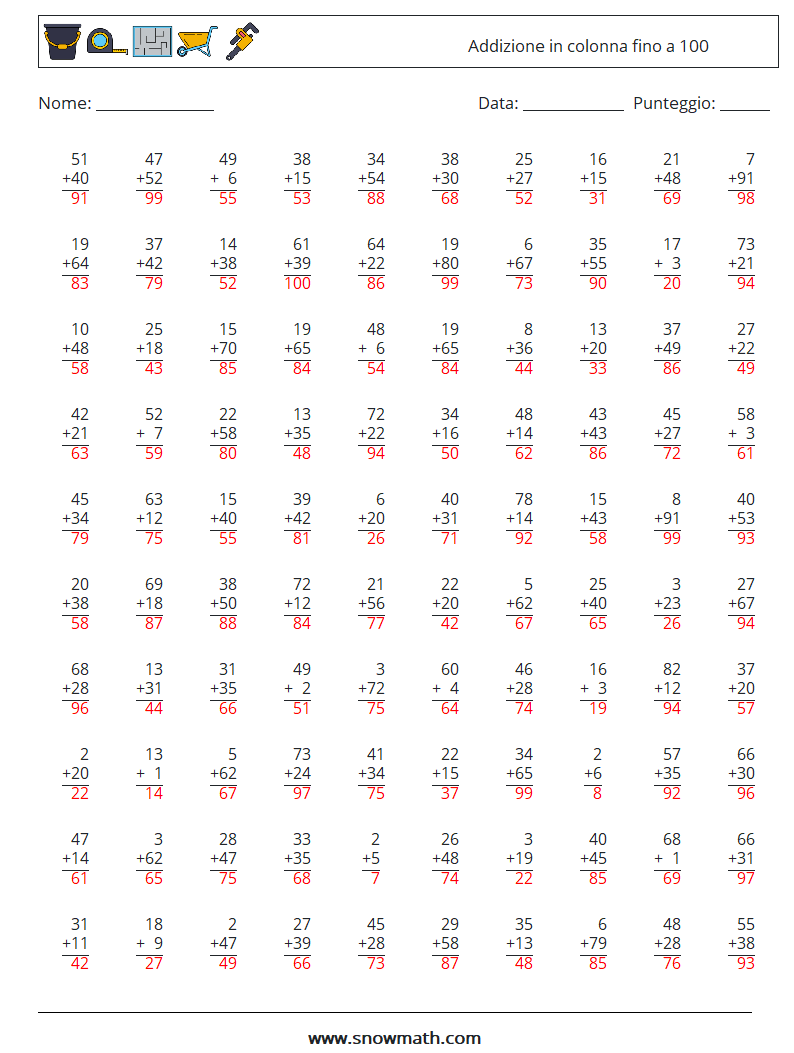 (100) Addizione in colonna fino a 100 Fogli di lavoro di matematica 2 Domanda, Risposta