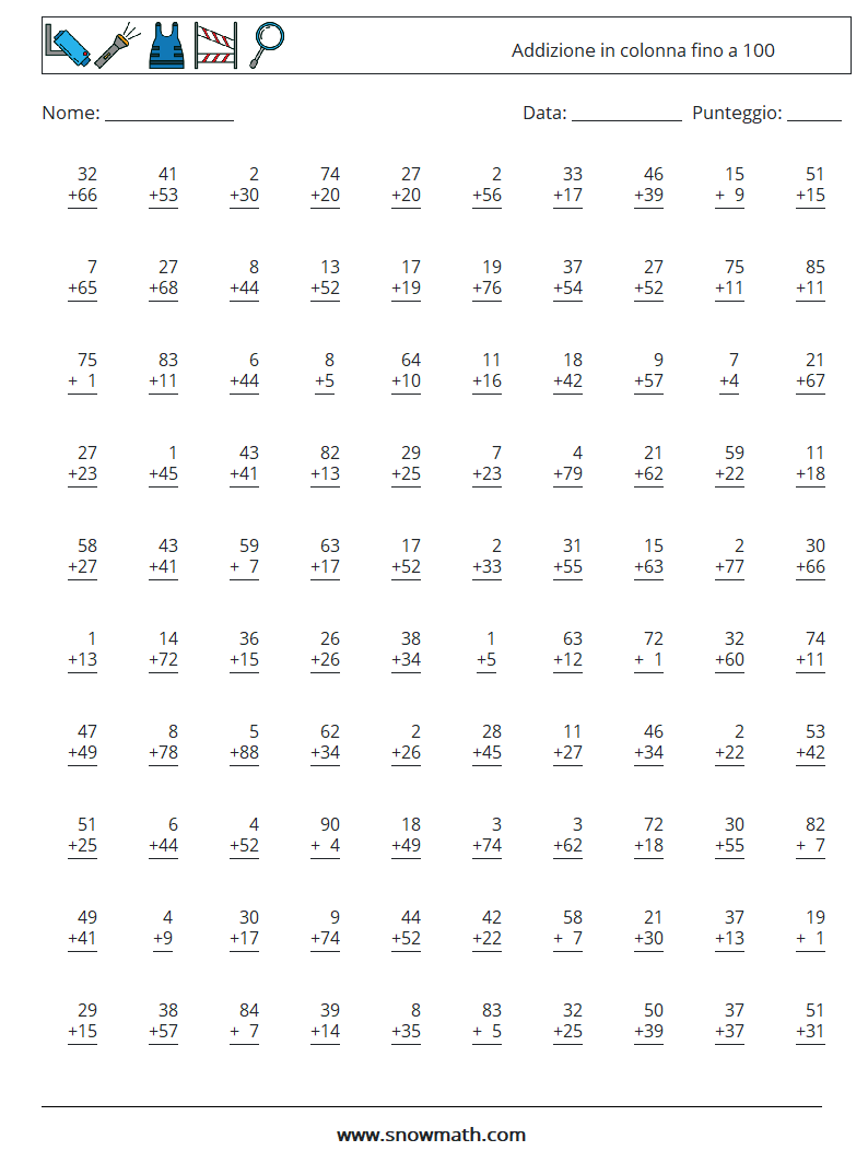 (100) Addizione in colonna fino a 100 Fogli di lavoro di matematica 3
