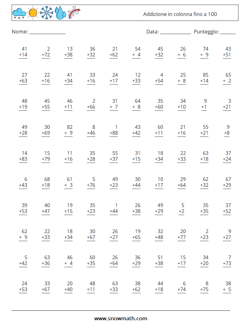 (100) Addizione in colonna fino a 100 Fogli di lavoro di matematica 4