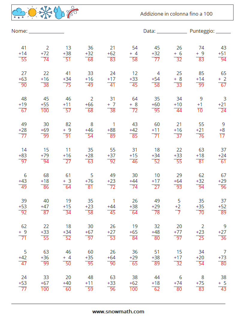 (100) Addizione in colonna fino a 100 Fogli di lavoro di matematica 4 Domanda, Risposta
