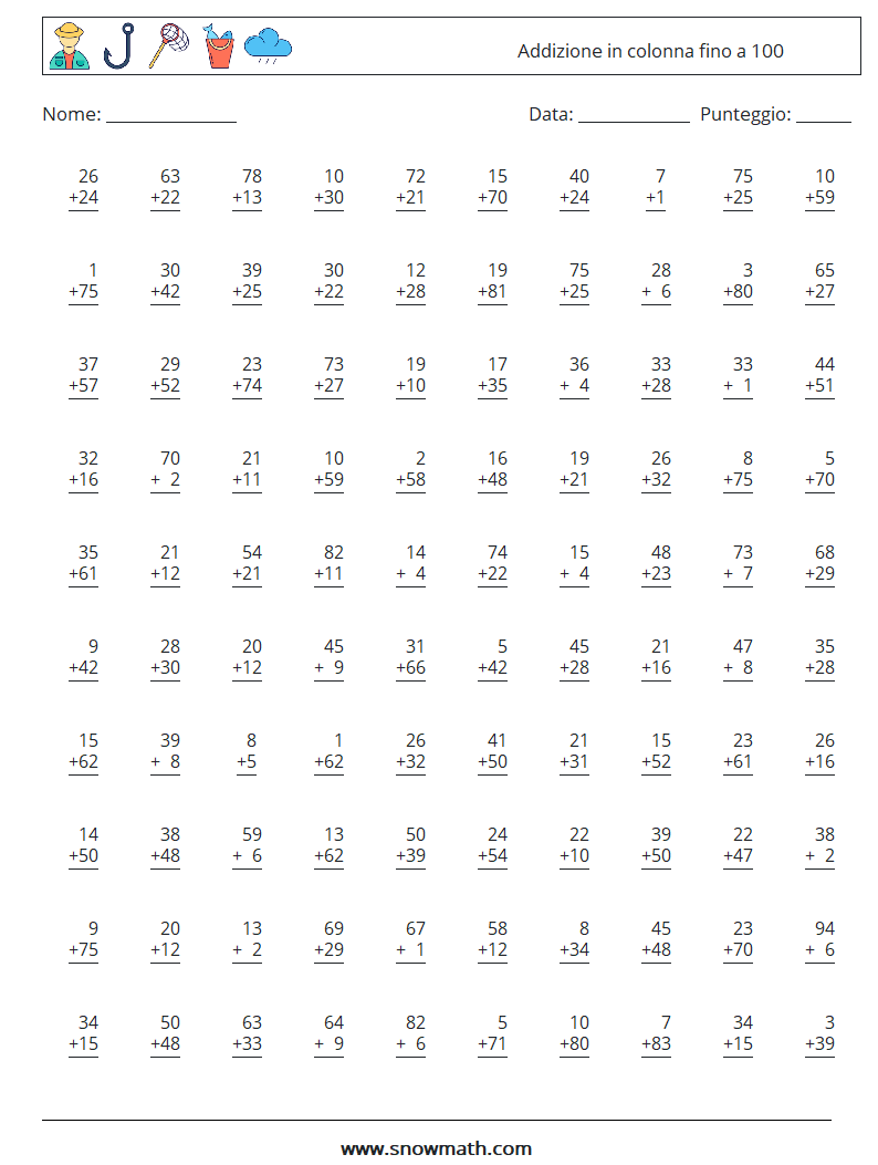 (100) Addizione in colonna fino a 100 Fogli di lavoro di matematica 5