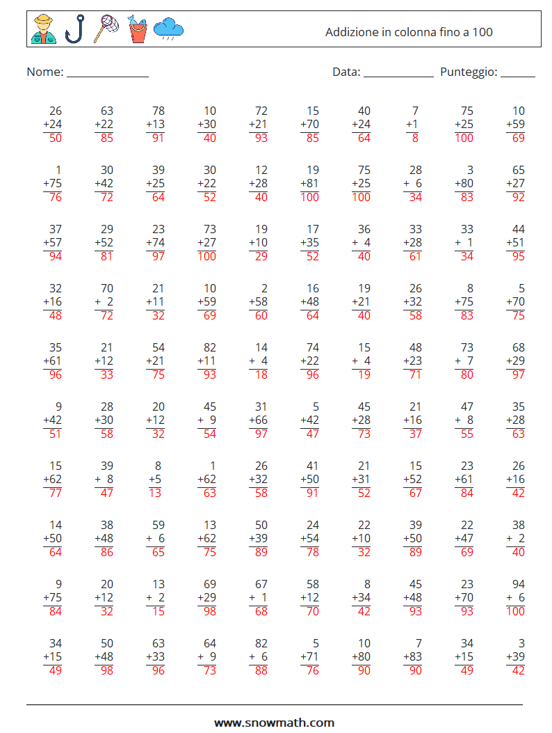 (100) Addizione in colonna fino a 100 Fogli di lavoro di matematica 5 Domanda, Risposta