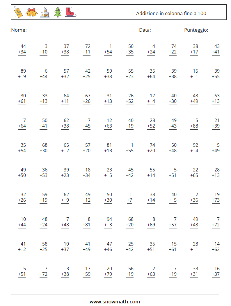 (100) Addizione in colonna fino a 100 Fogli di lavoro di matematica 6