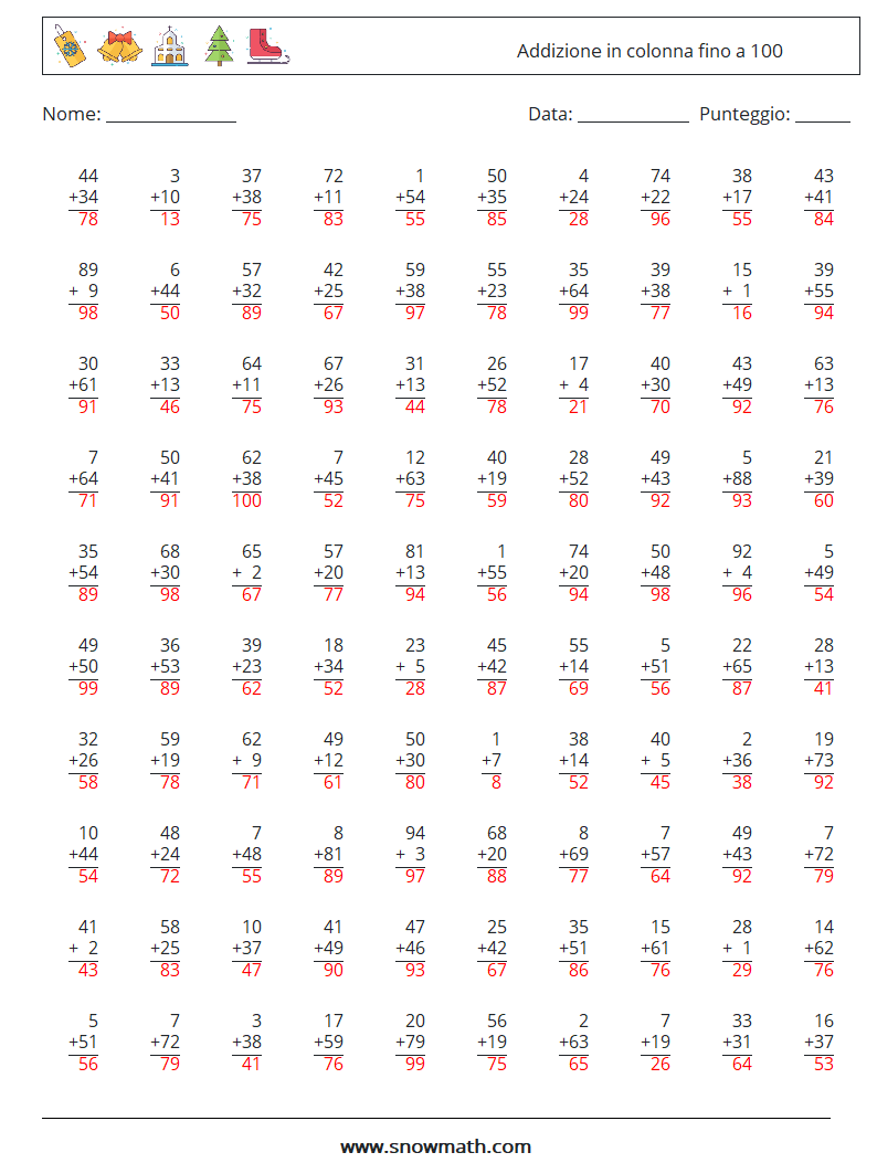 (100) Addizione in colonna fino a 100 Fogli di lavoro di matematica 6 Domanda, Risposta